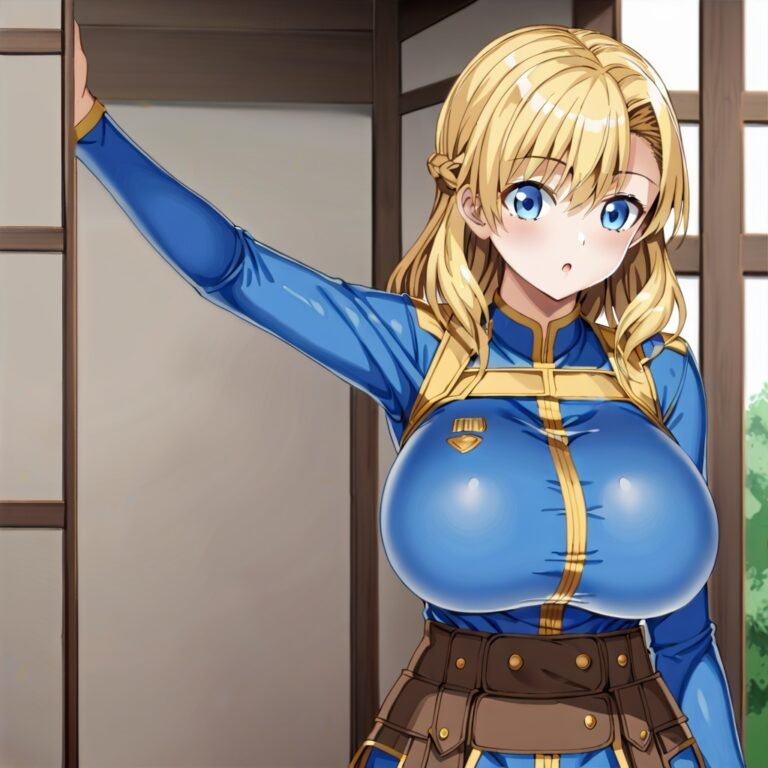 Anime, large breast , blond hair, thight clothes, blue top,